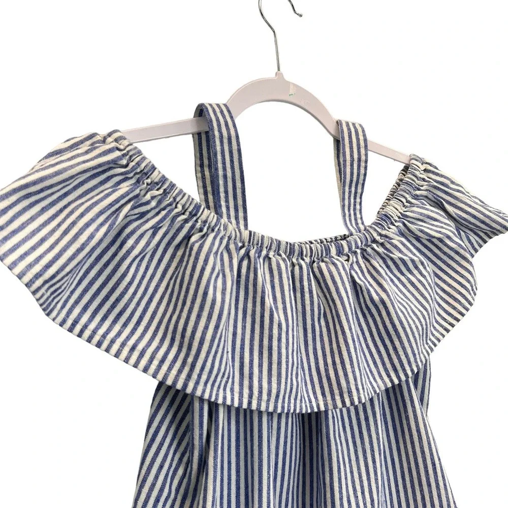 J.Crew Striped Linen Blend Cold Shoulder Ruffle Blouse Blue White Womens Size 00